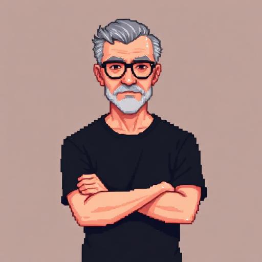 Pixel portrait of an older man in a black t-shirt